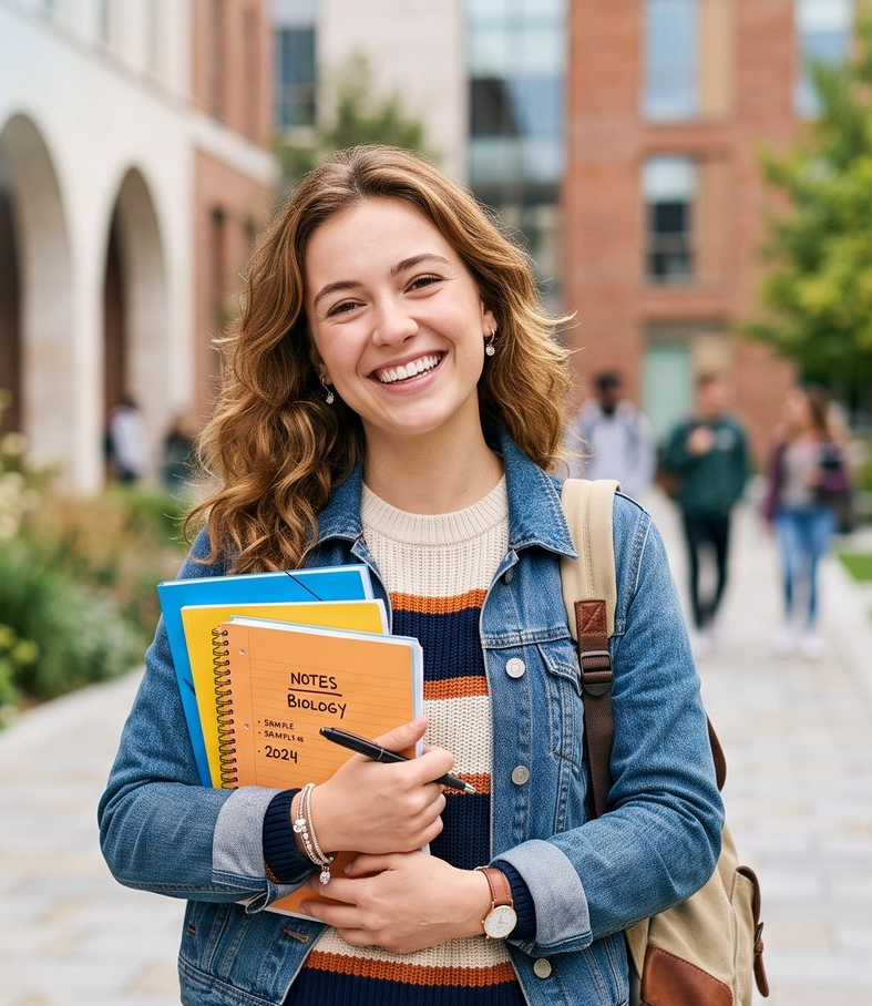 Smiling student holding notebooks on a campus walkway, wearing a denim jacket and backpack.