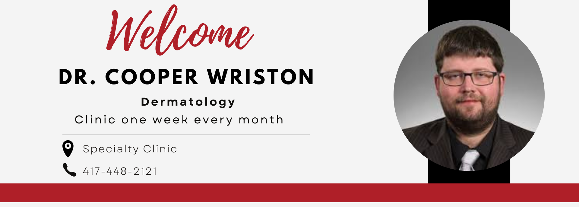 Welcome banner for Dr. Cooper Wilson, dermatology clinic, with red script text and a portrait photo.