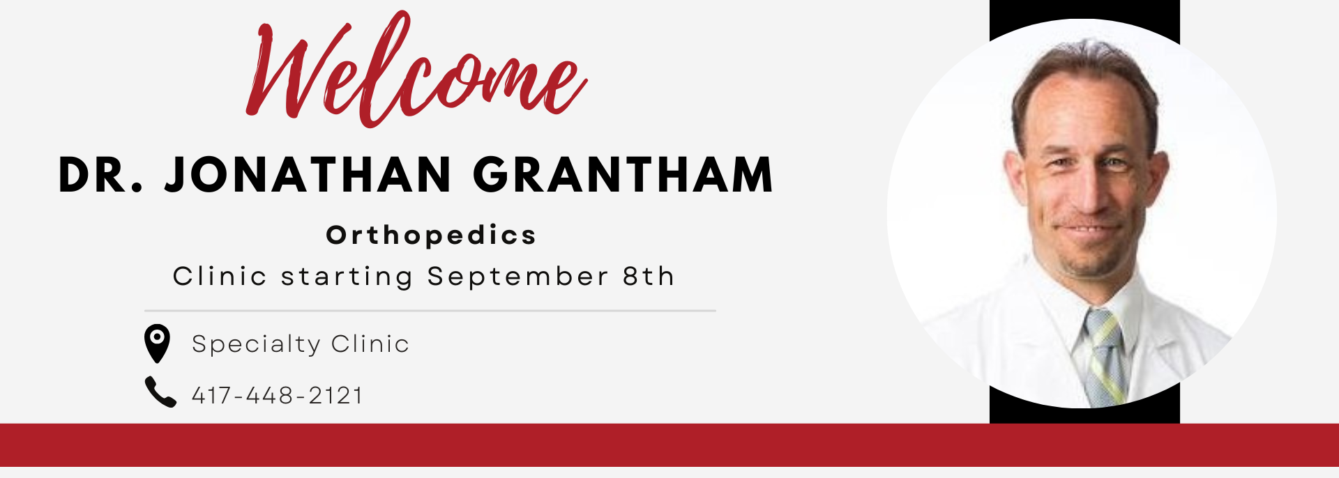 Welcome banner for Dr. Jonathan Grantham with portrait, ortho office name, and contact icons on white background