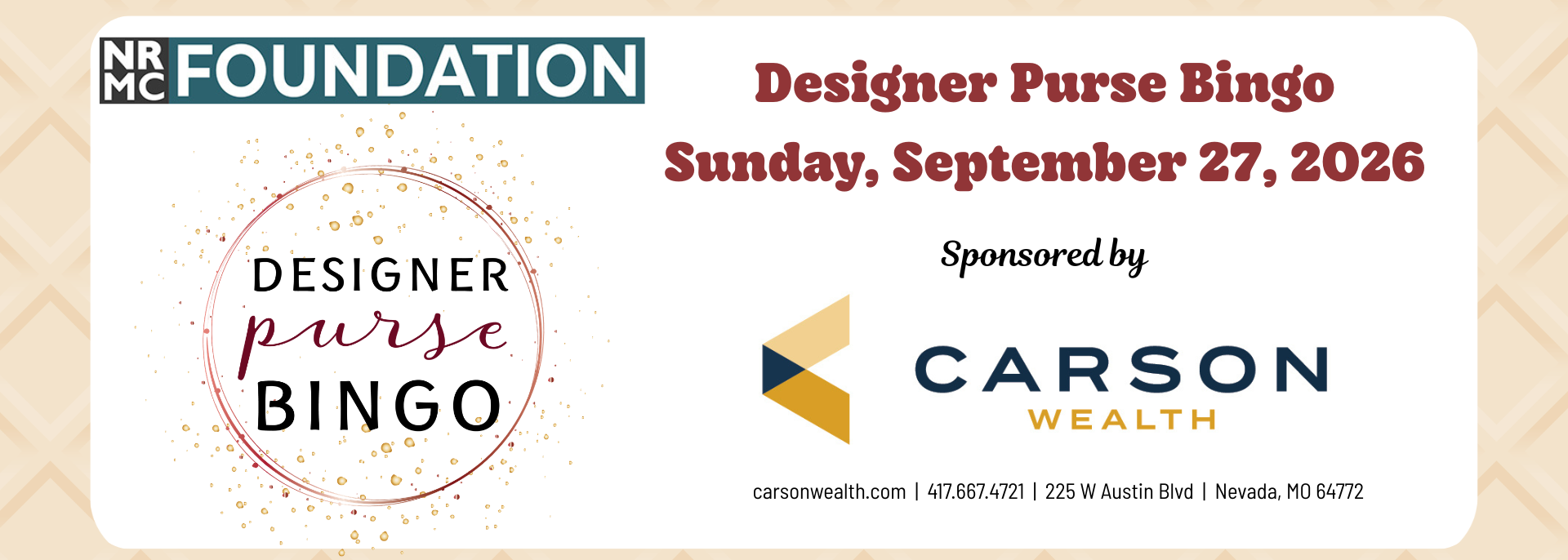 Designer Purse Bingo event flyer, Sept. 27, 2026, sponsored by Carson Wealth, with NAFC Foundation logo.