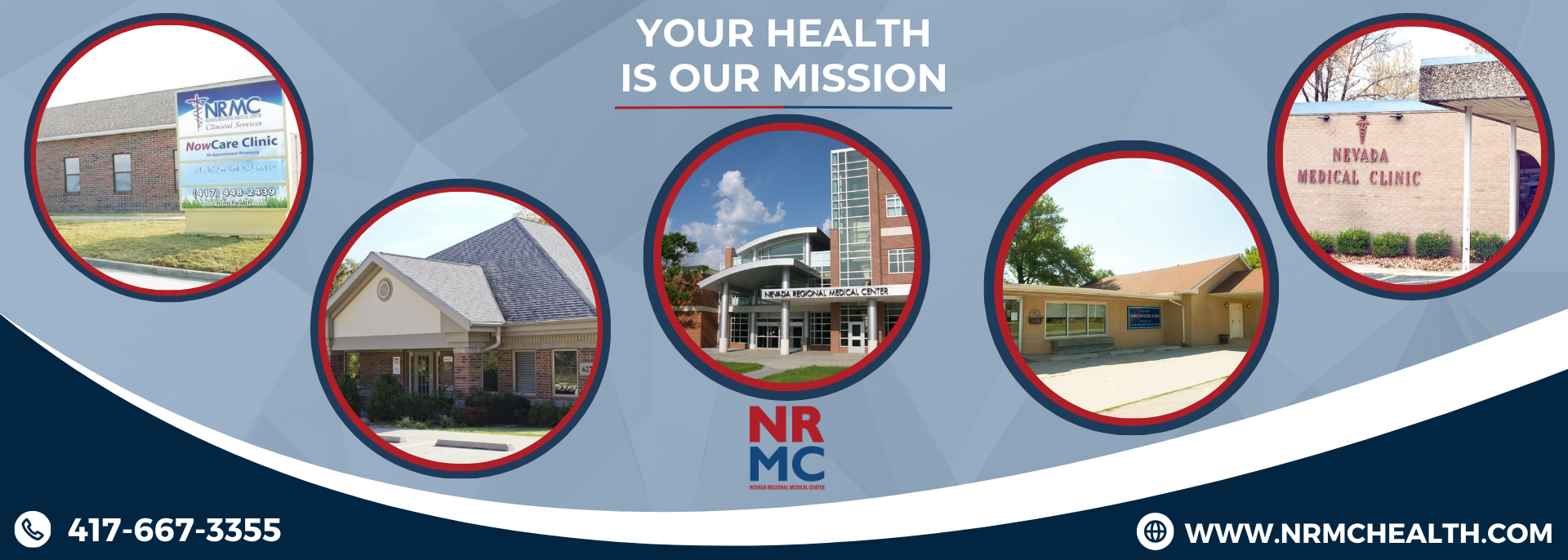 Medical center banner with four circular building photos, “Your Health Is Our Mission,” and contact info on blue background