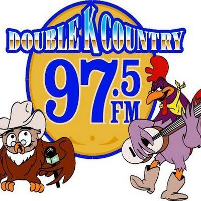 Double K Country radio logo: cartoon owl and rooster with banjo, station name and frequency (97.5 FM).