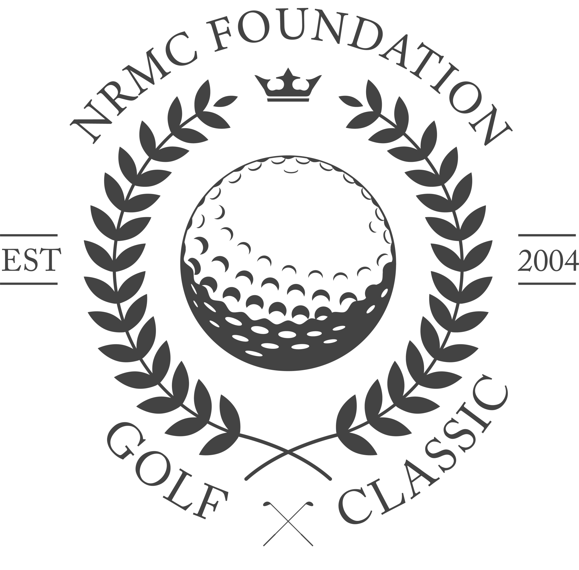 NRMC Foundation Golf Classic logo: Golf ball encircled by laurel wreath, with crown and crossed golf clubs.