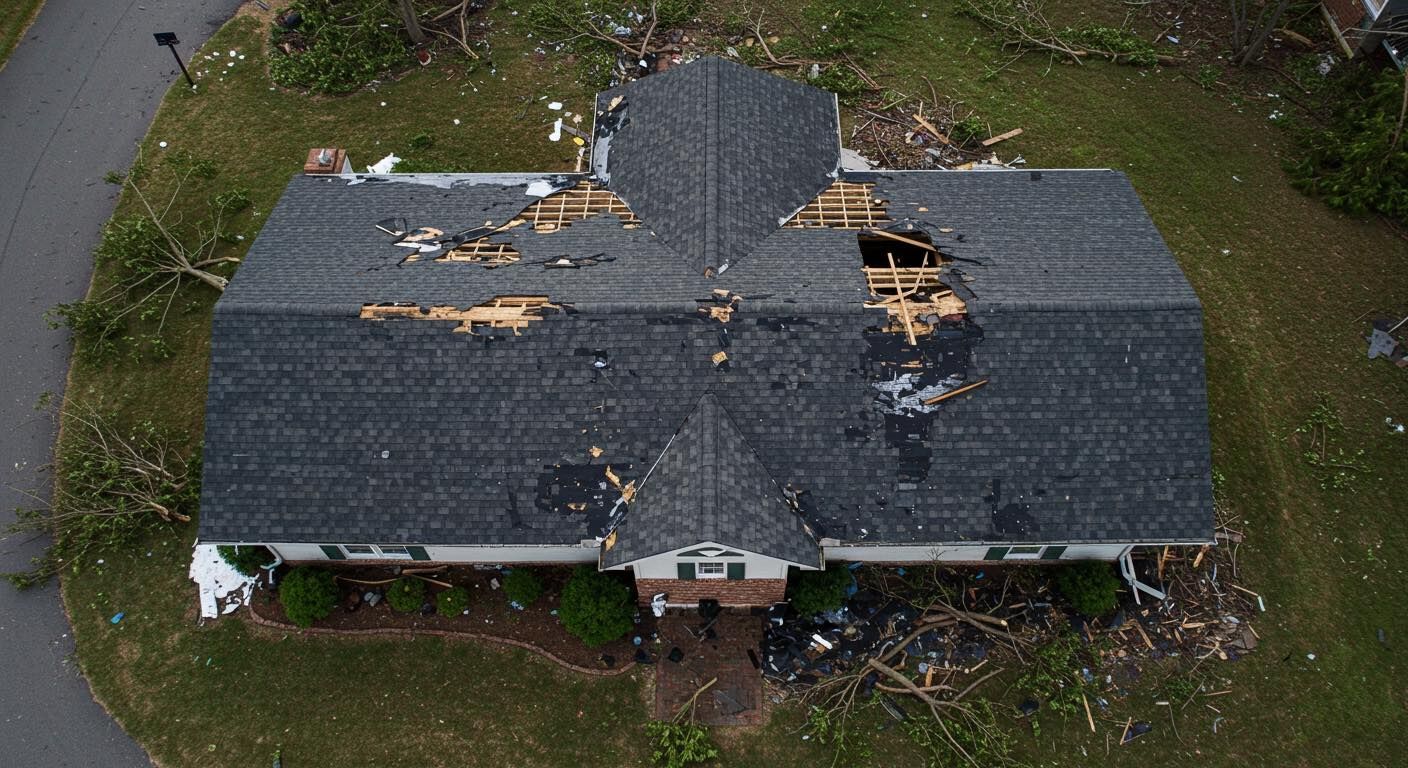Aerial view of a house with significant roof damage, surrounded by debris.