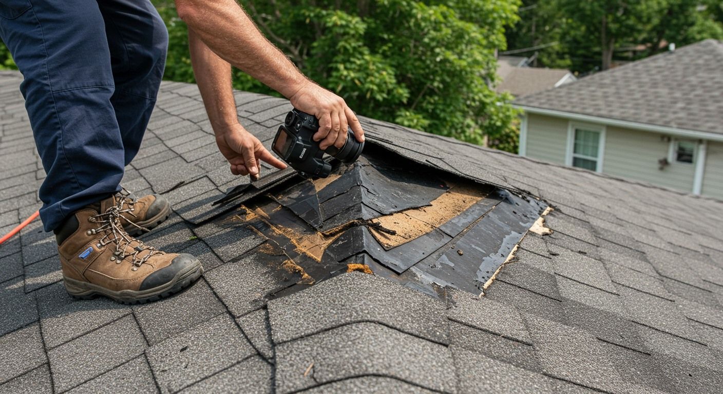 Person repairs damaged asphalt shingle roof, removing debris. Outdoors, sunny day.