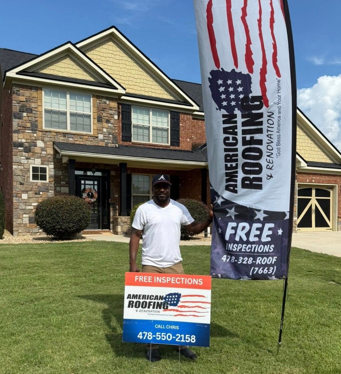 American Roofing and Renovation representative at a residential roofing project with company banner and yard sign visible