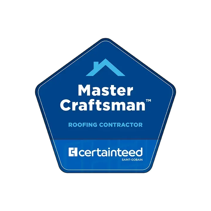 Blue pentagon logo for CertainTeed: Master Craftsman Roofing Contractor, with a house icon.
