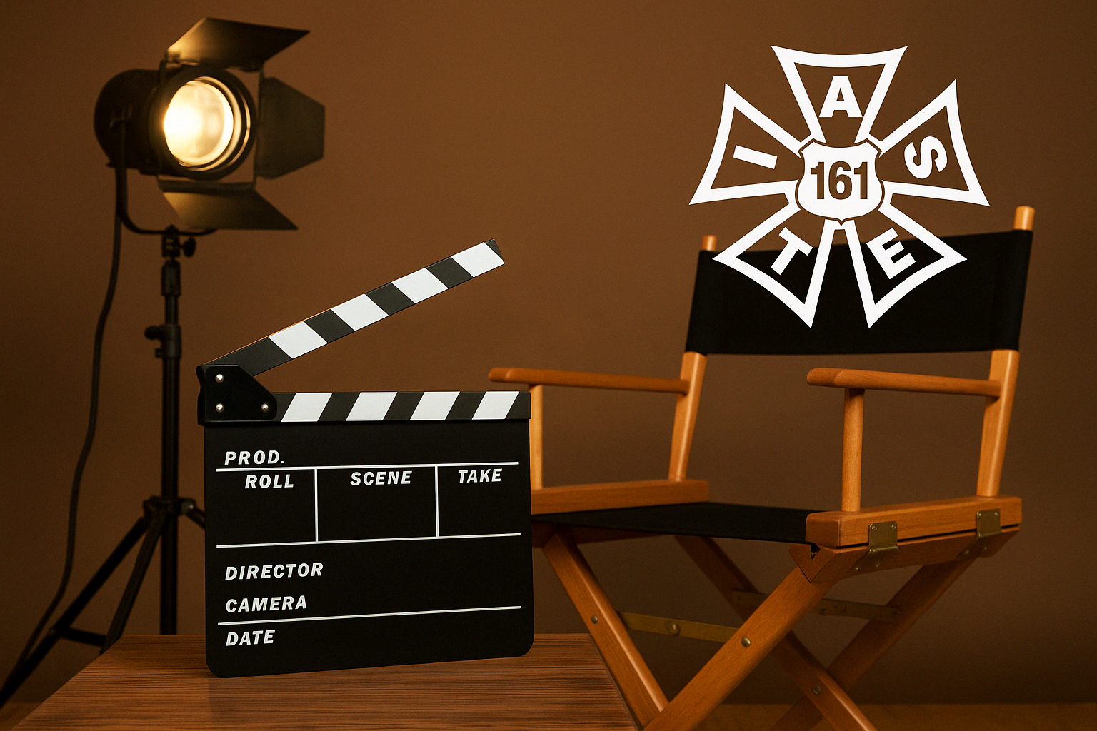 A film director's chair and a clapperboard set beside a studio light, with the IATSE 161 logo above the chair.