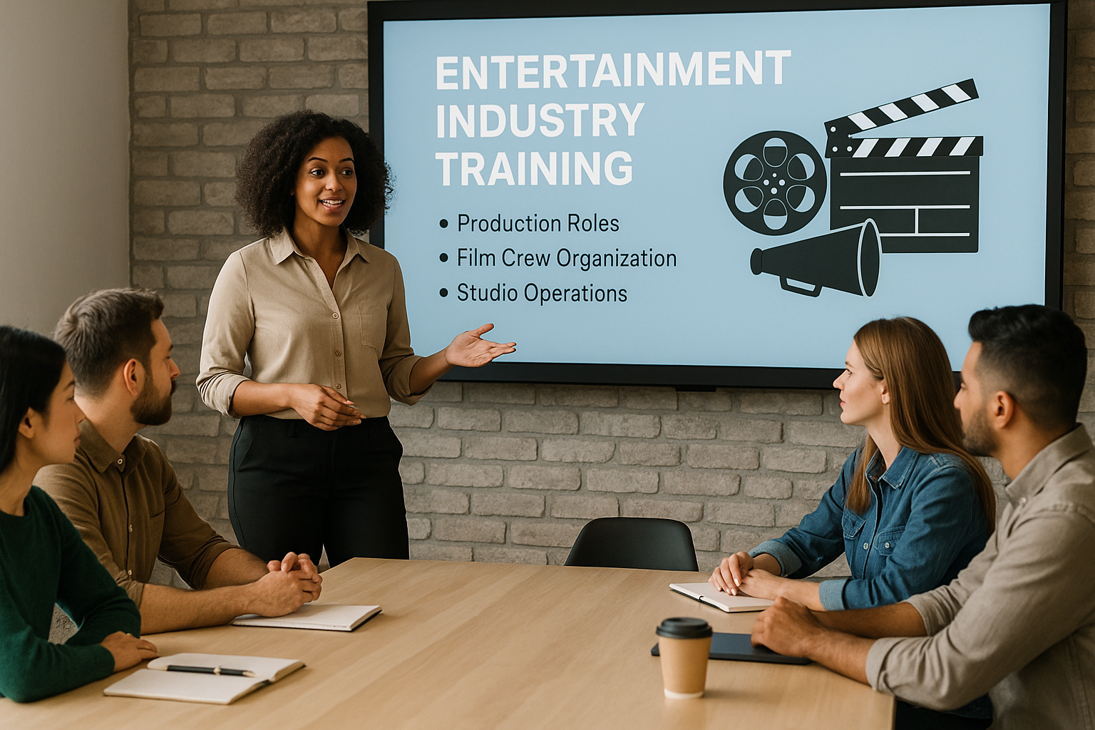 A woman is giving a presentation to a group of people sitting around a table.