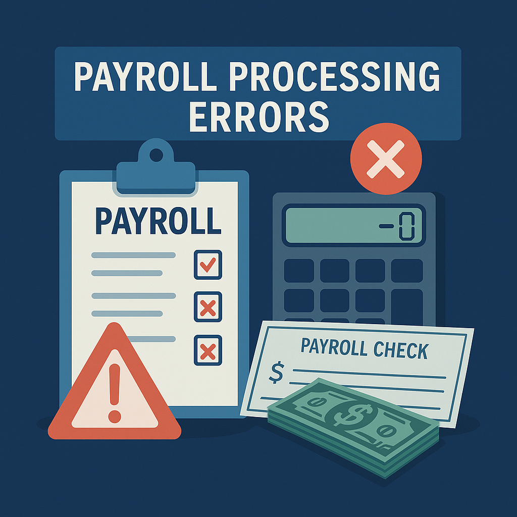 An illustration of payroll processing errors with a clipboard , calculator , payroll check , and money.