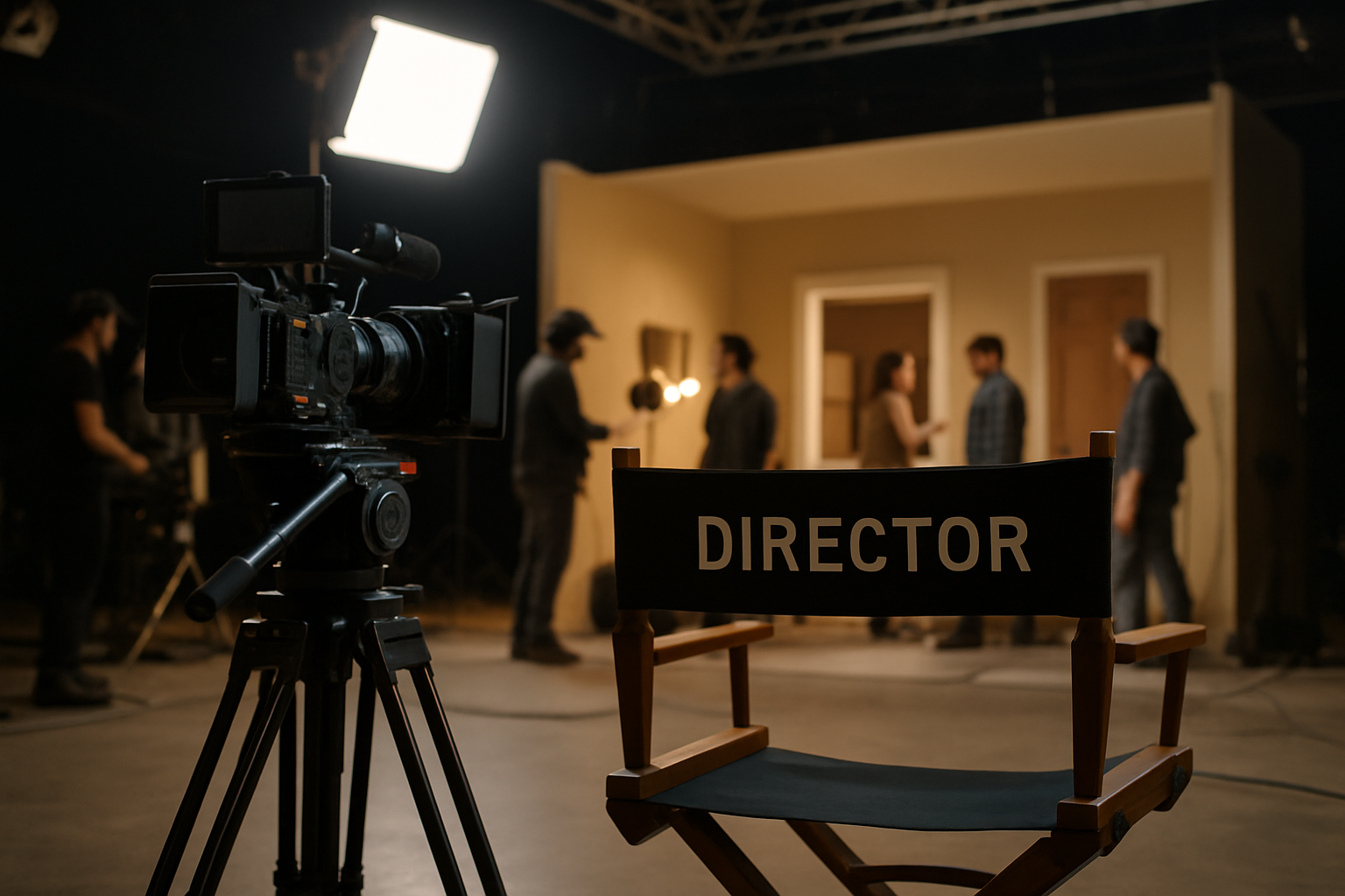 A director 's chair is in front of a camera in a studio.