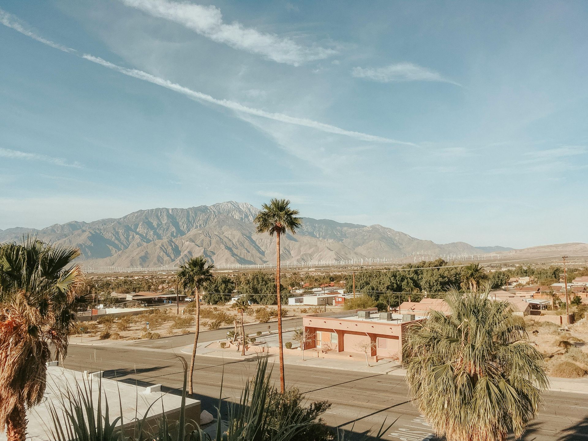There are palm trees in the foreground and mountains in the background.