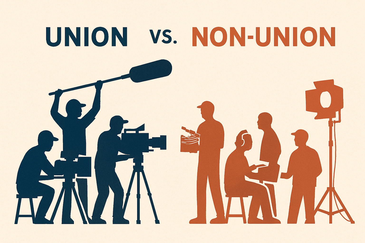 Graphic comparing union and non-union film crews, with silhouettes of crew members on either side.