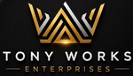 Logo for Tony Works Enterprises: Gray crown icon above white text on a black background.