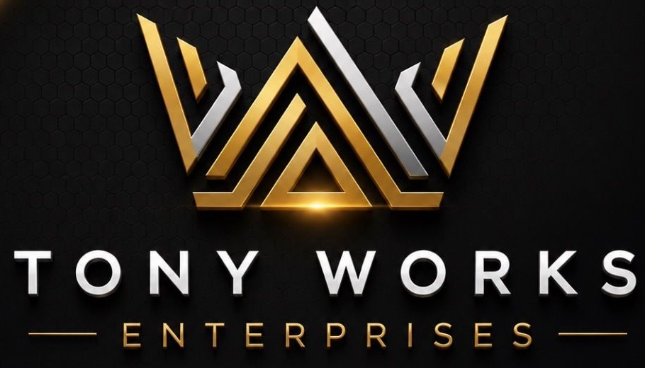 Logo for Tony Works Enterprises: Gray crown icon above white text on a black background.
