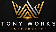 Logo for Tony Works Enterprises: Gray crown icon above white text on a black background.