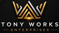 Logo for Tony Works Enterprises: Gray crown icon above white text on a black background.