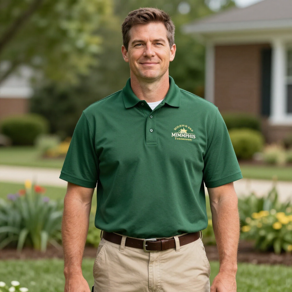 A person wearing a green polo shirt with a logo stands outdoors in front of a house and a landscaped yard.