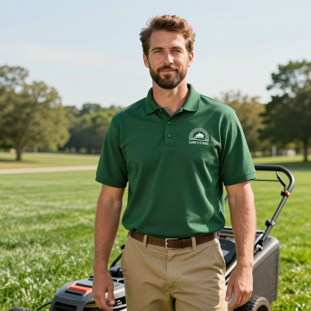 A person wearing a green polo shirt and tan pants standing in a grassy field with a lawnmower behind them.