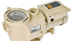 Beige swimming pool pump with attached motor and control panel