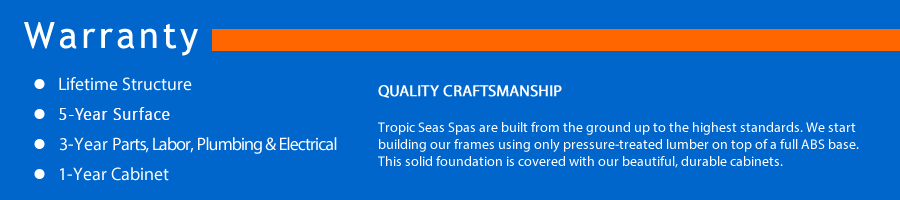 Blue warranty banner with white text listing benefits and quality craftsmanship details