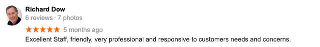Customer review snippet with profile photo, 5-star rating, and text praising friendly, professional, responsive service.