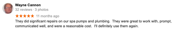 Screenshot of a comment praising responsive, well-communicated shop repairs and plumbing work