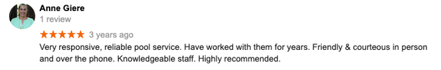 Google review from Anna Gure with five stars and a positive comment about customer service.