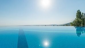 Infinity pool overlooking a calm blue lake with bright sun and distant trees.