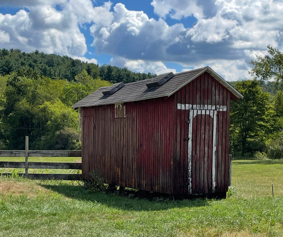 Red weathered shed in a grassy field with a wooden fence. Trees and a cloudy blue sky in the background.