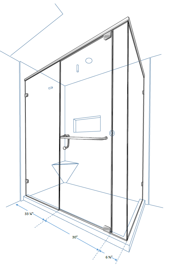 A drawing of a shower stall with measurements on a white background.