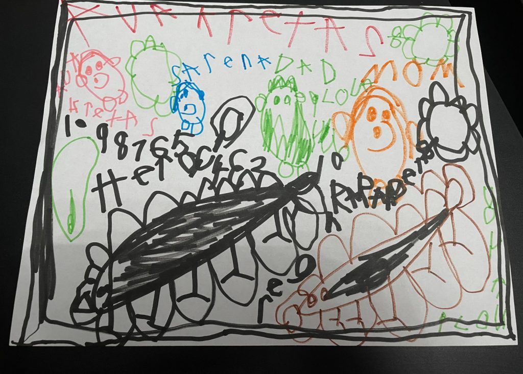 A child 's drawing on a piece of paper with numbers and letters
