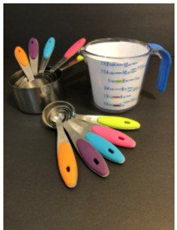 Measuring cups and measuring spoons with colorful handles