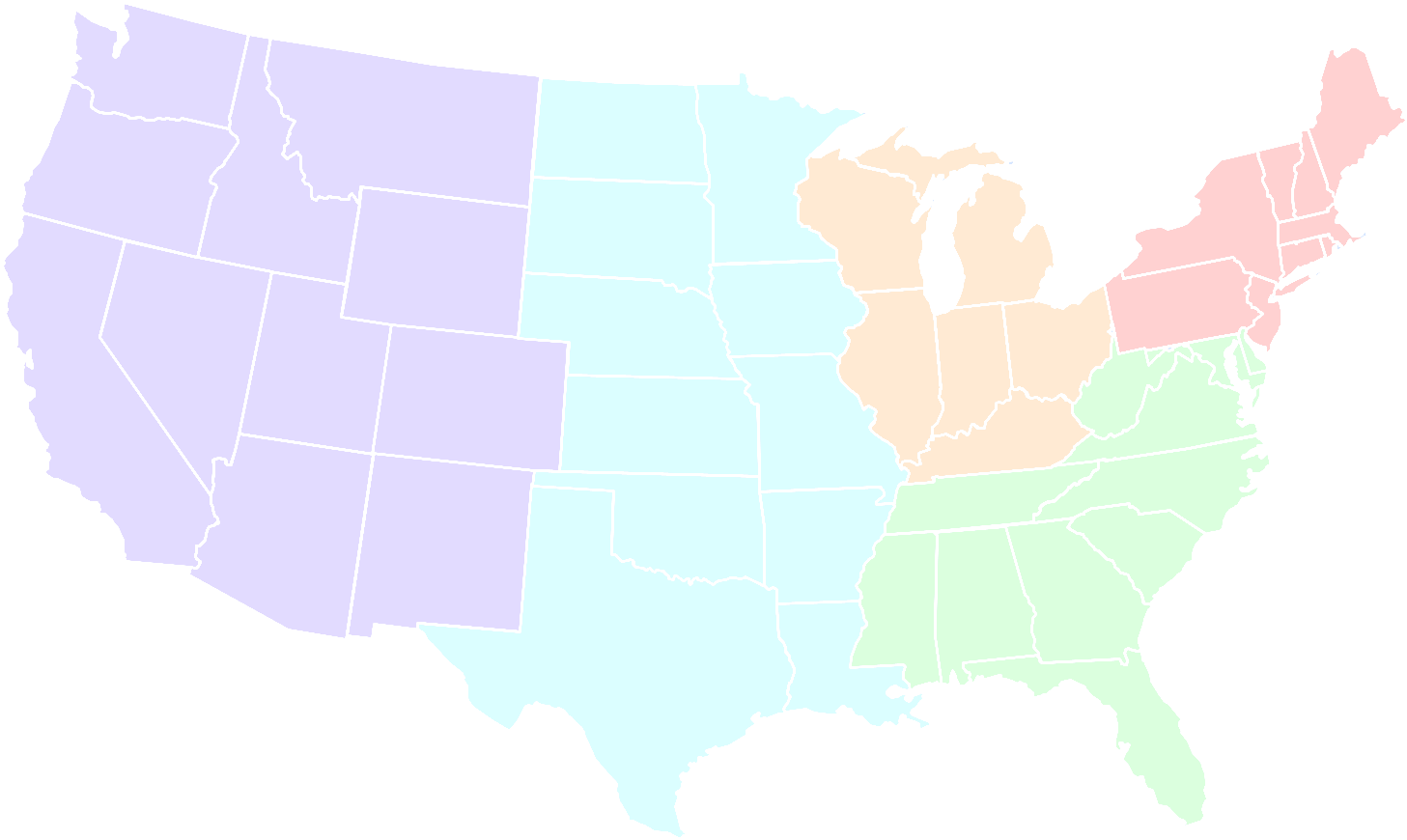 Map of the United States divided into colored regions: Northeast (pink), Southeast (green), Midwest (orange), Southwest (light blue), and West (purple).