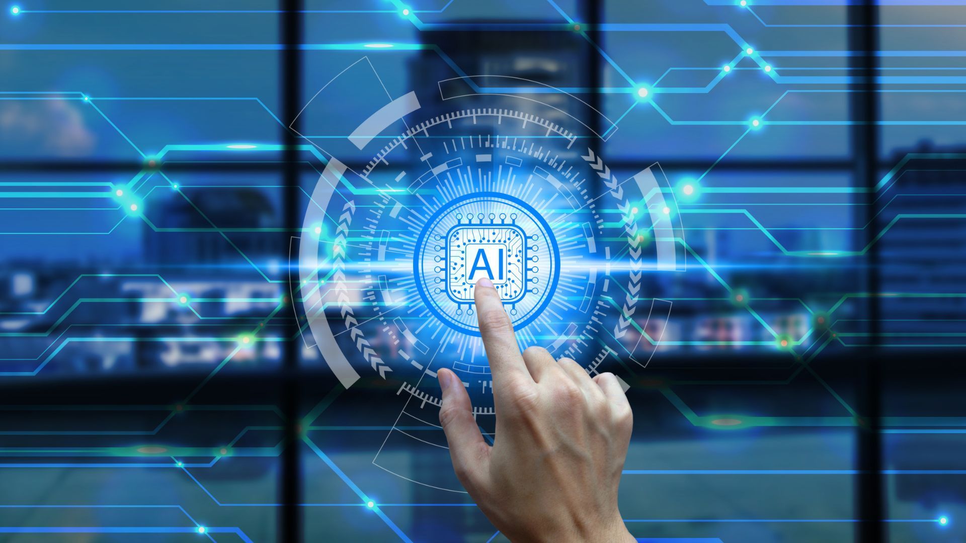 A hand touching an AI graphic, circuits overlaying a city background, glowing blue.