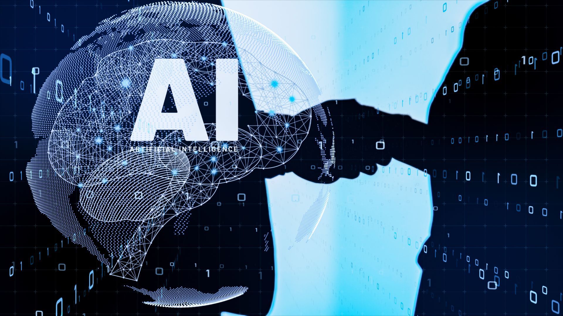 Two figures shaking hands with an AI-themed digital globe in the background.