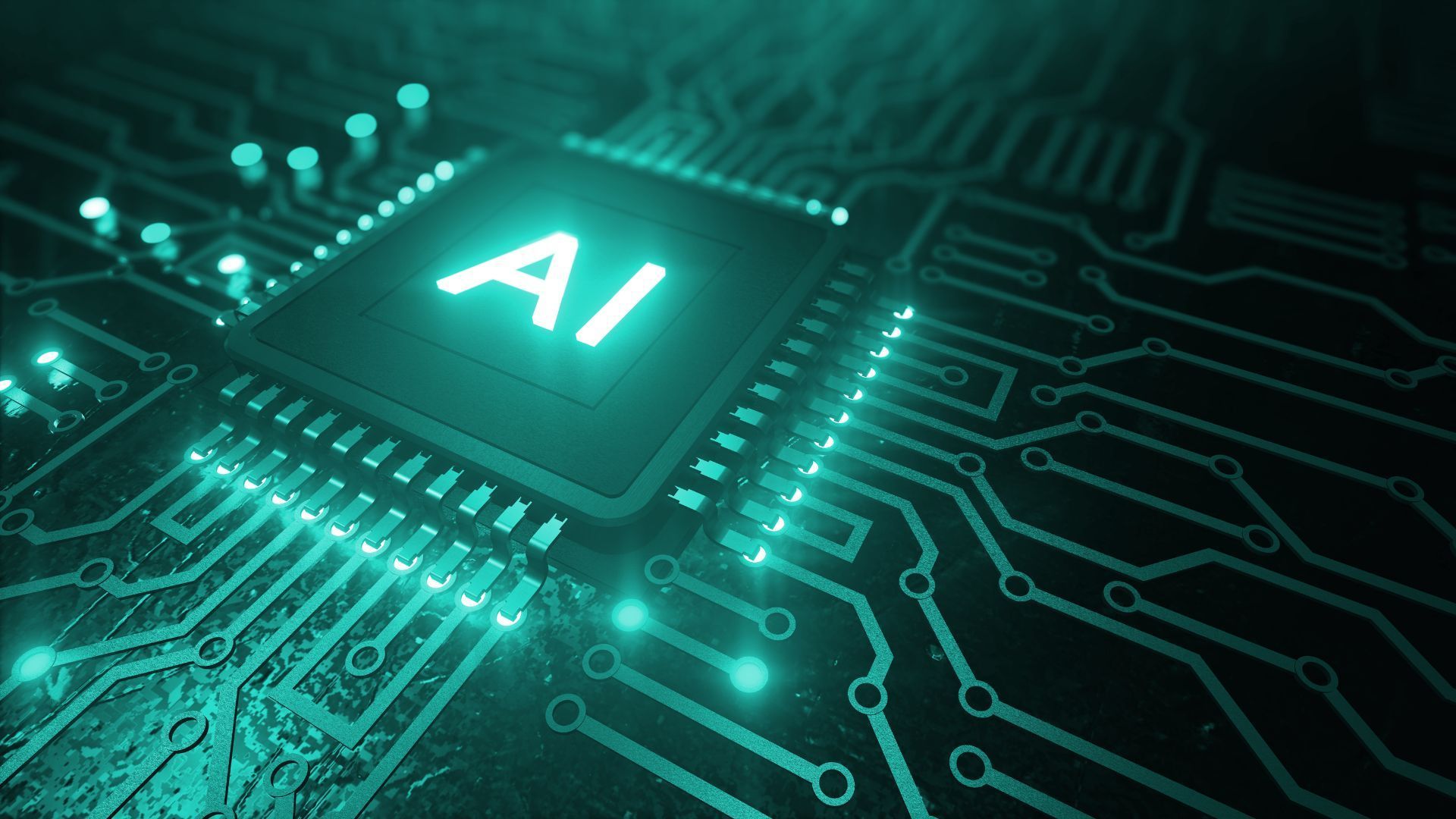 Close-up of a teal circuit board with an illuminated