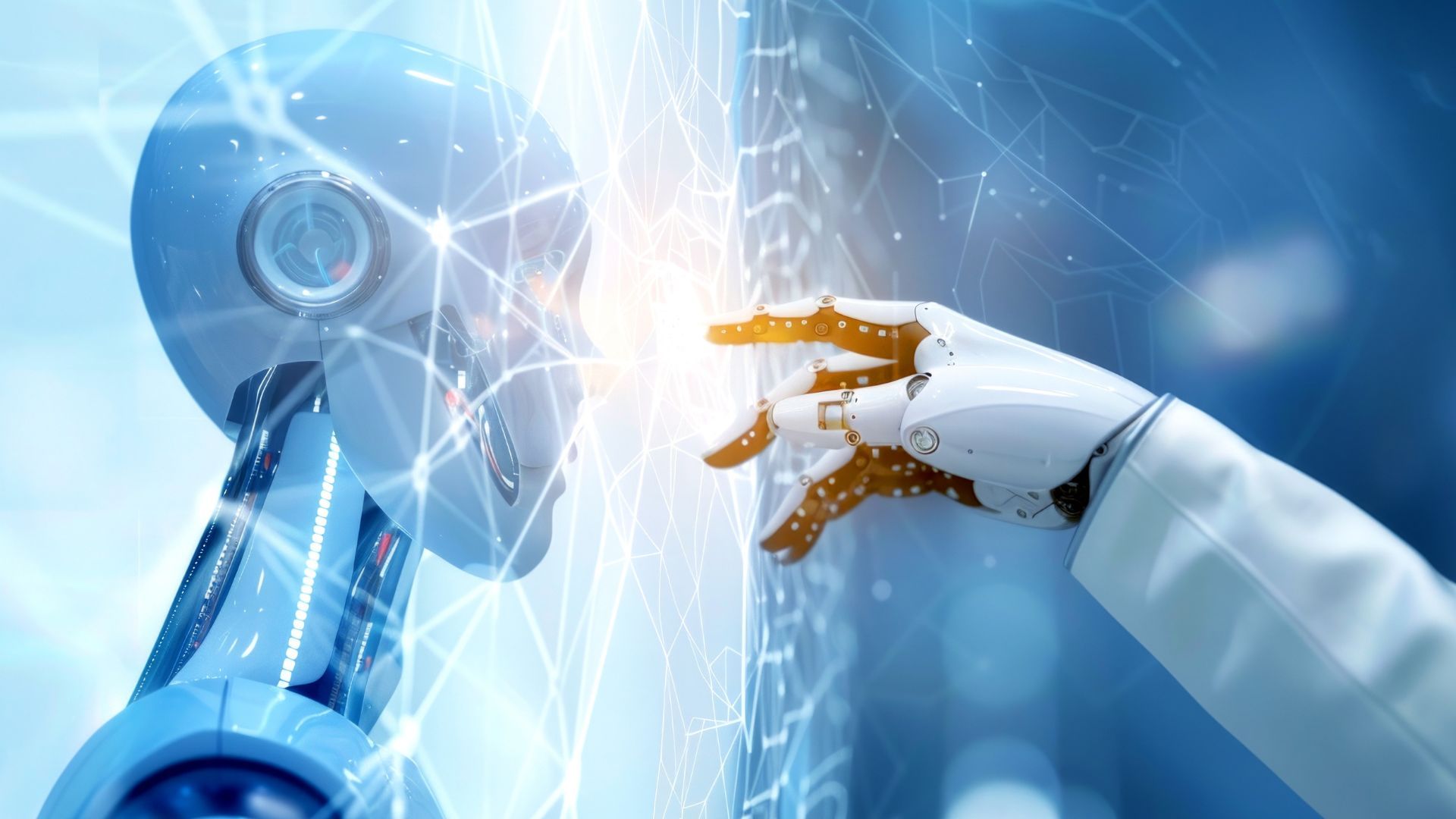 Robot touching a digital grid, head in profile; blue and white tones.