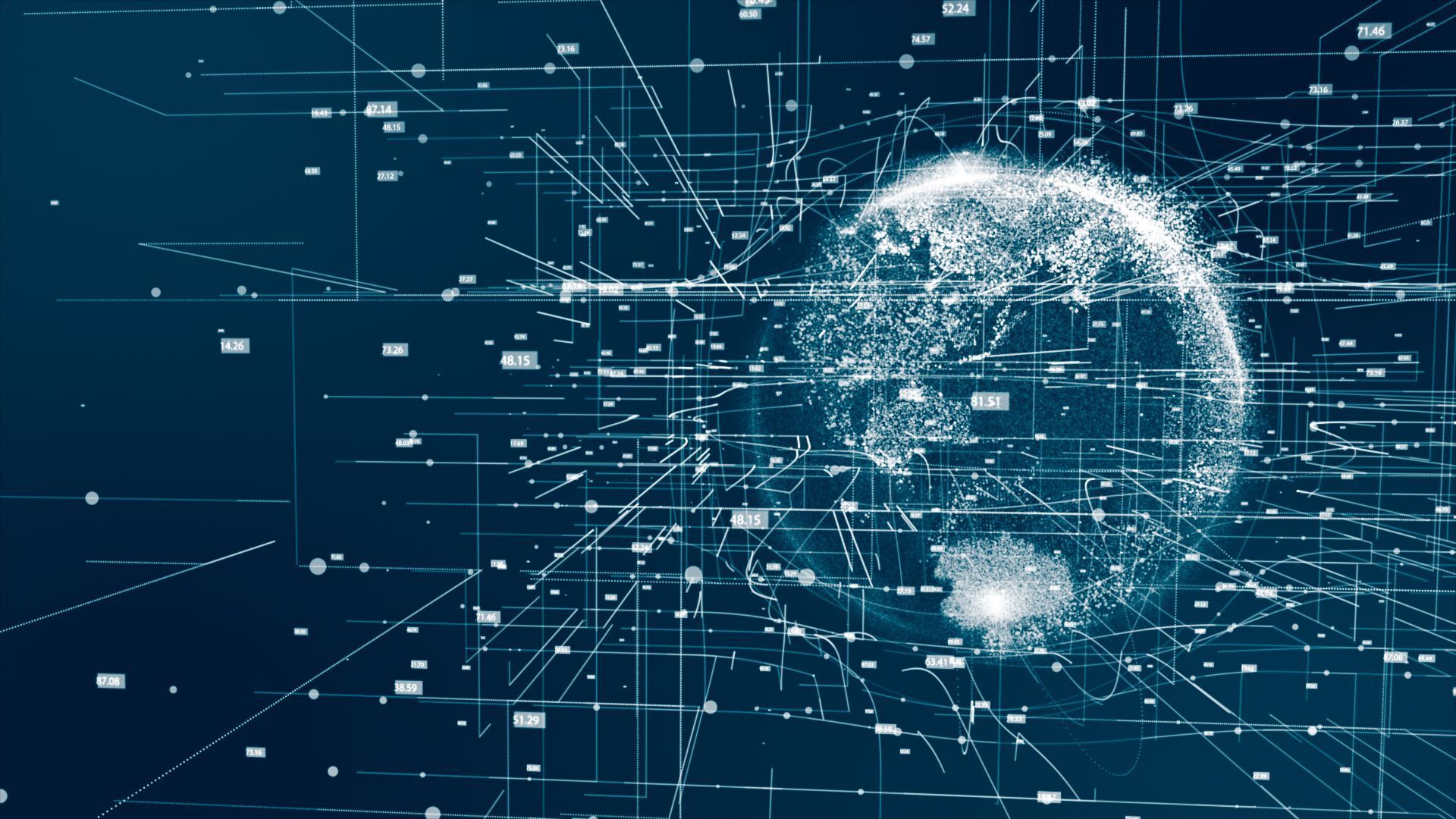Digital globe with connecting lines and data points against a dark blue background.
