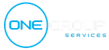 A blue and white logo for one group services