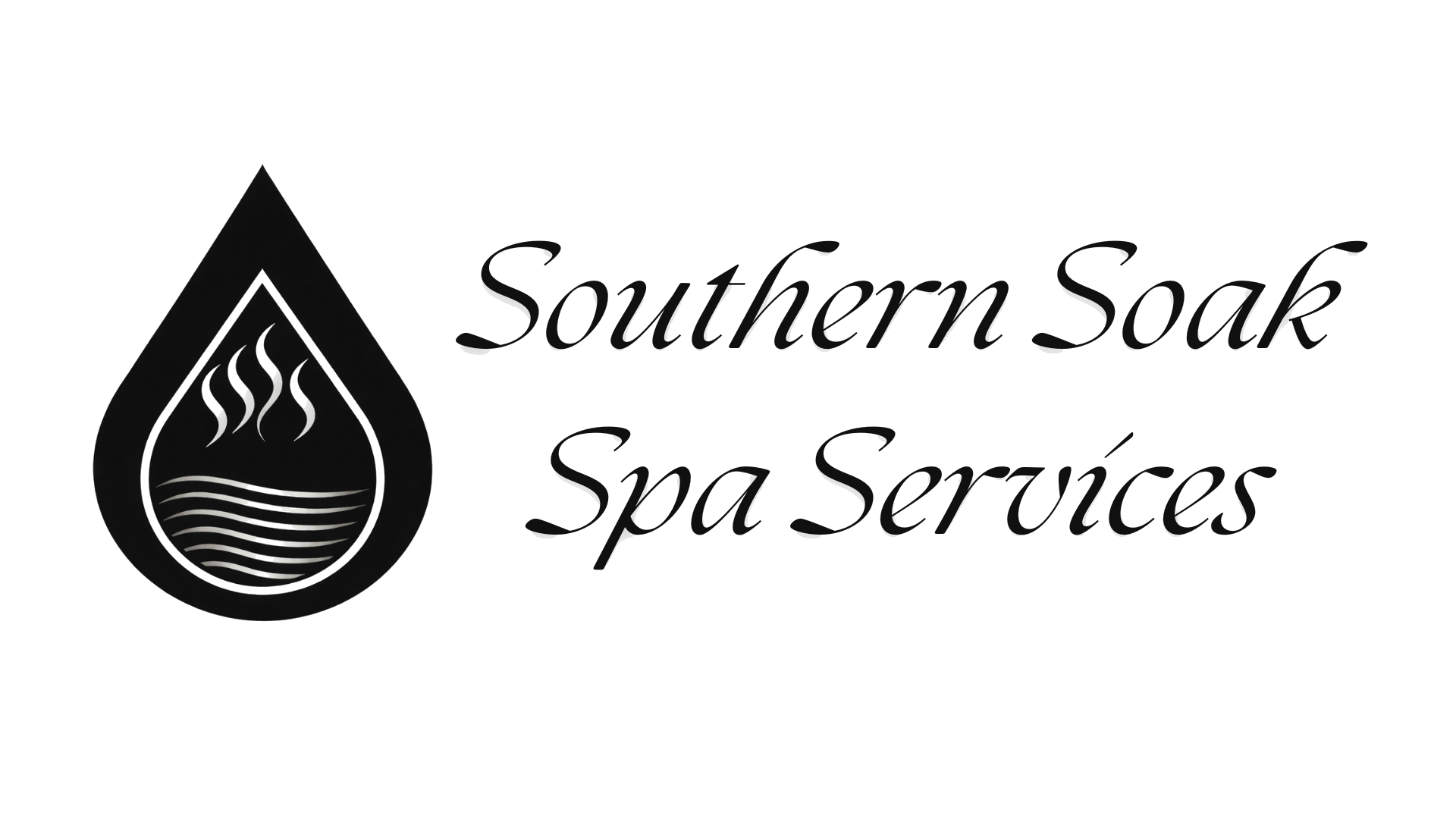 Logo for Southern Soak Spa Services featuring a black drop-shaped icon with white wavy lines and steam icons inside.