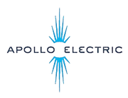 Apollo Electric logo with blue abstract rays above and below black text on white background
