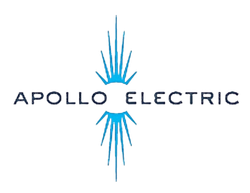 Apollo Electric logo with blue abstract rays above and below black text on white background