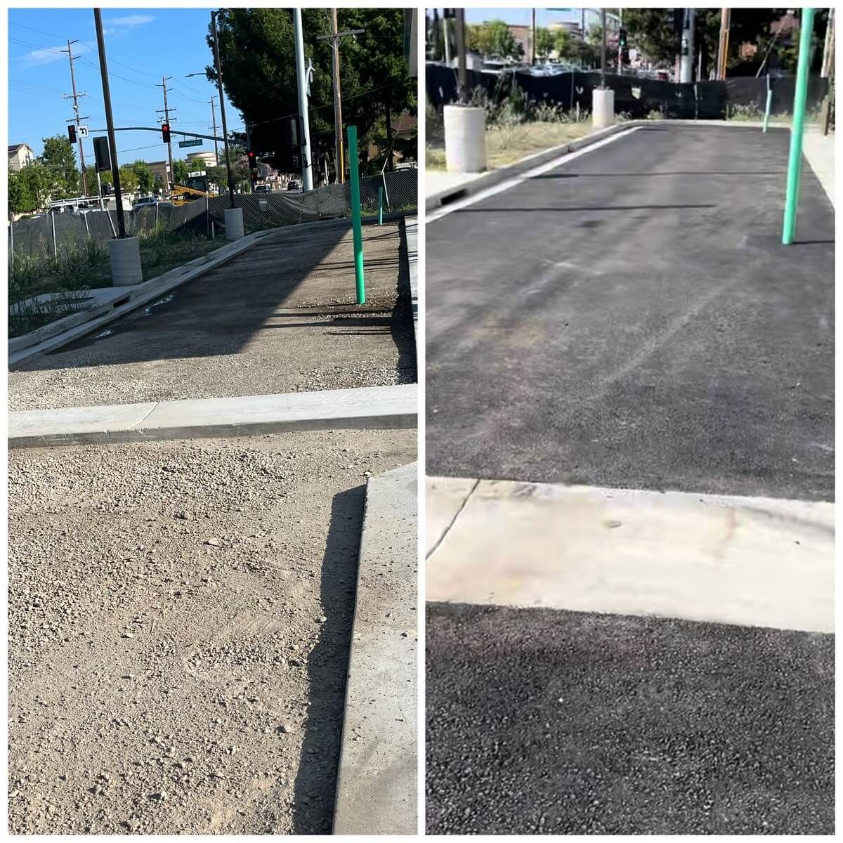 A before and after photo of a road with a green pole