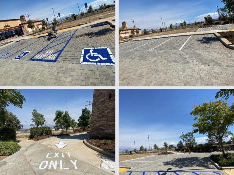 A collage of four pictures of a parking lot with a handicap sign painted on it.
