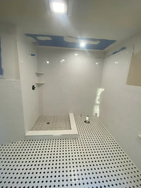 A bathroom with a walk in shower and a black and white tile floor.
