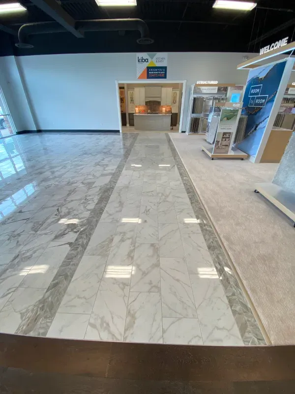 There is a marble floor in the middle of the room.
