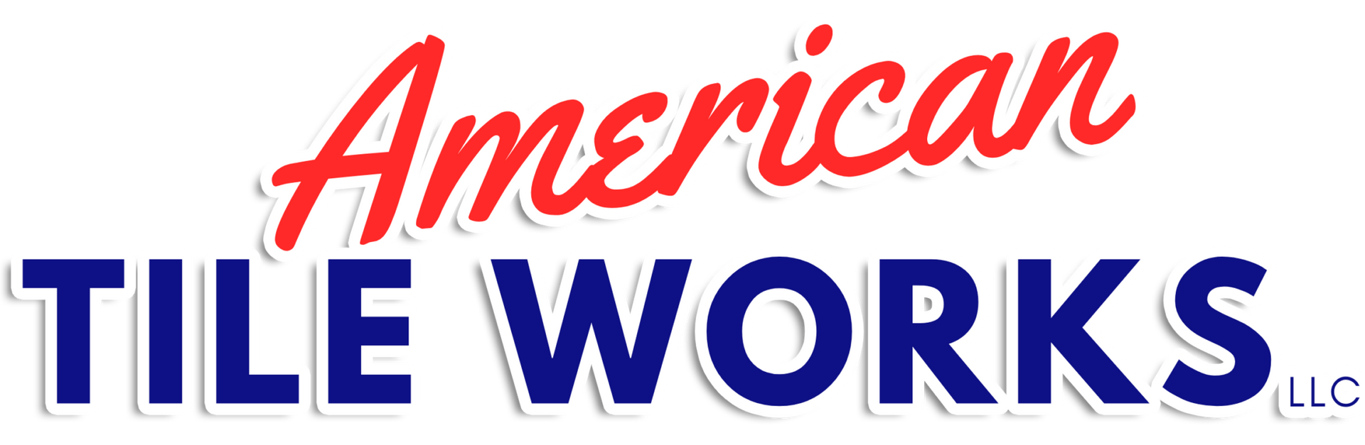 The logo for american tile works llc is red , white and blue.
