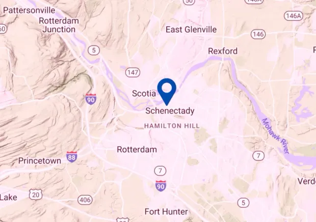 A map showing the location of schenectady in new york state.