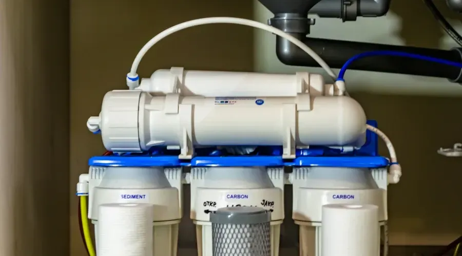 A water filter is sitting under a sink in a kitchen.